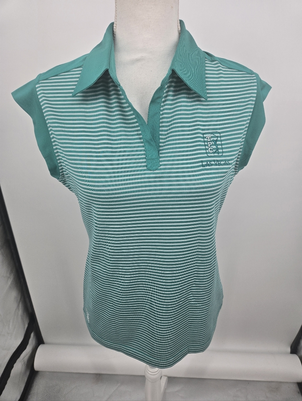 Kate Lord Teal Green and White Striped TPC Las Vegas Golf Polo Medium (7638)